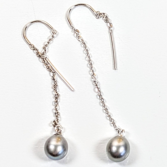 Pearl on sterling chain pull through pierced dangle earrings - Picture 6 of 6
